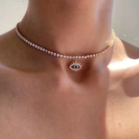 18k Gold Plated Vintage Evils Eye Rhinestones Necklace - Picture 2 of 5